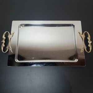 Vtg Kromex Two Tone 18"x9" MCM Serving Bar Vanity Tray Chrome & Brass Handles‎
